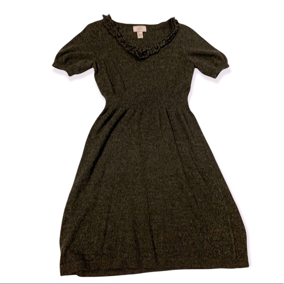 LOFT Gray Ruffle V-Neck Short Sleeve Wool Blend Sweater Dress-Size Small - Picture 7 of 8